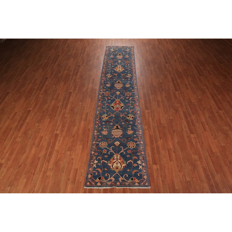 Blue Floral Ziegler Vegetable Dye Runner Rug Hand-Knotted Wool Carpet - 2'8" x 12'3"