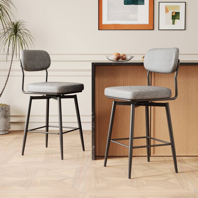 360° Swivel Bar Stools Set of 2 - Leather Upholstered Counter Height Stools with Iron Base for Kitchen Island & Office