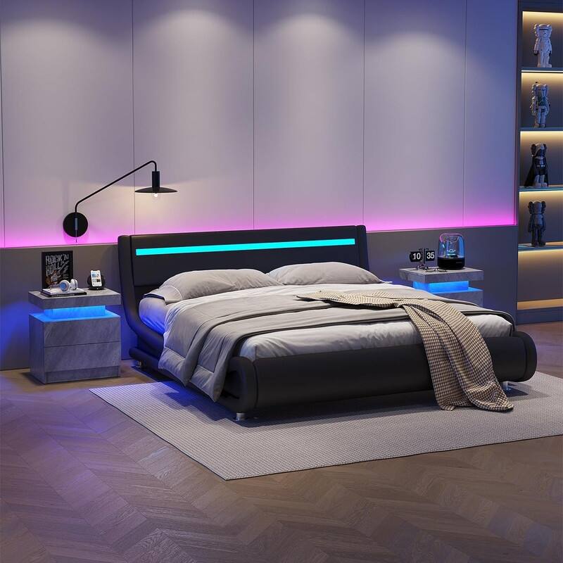 Nightstand LED Bedside Table Cabinet Lights Modern End Side with 2 Drawers for Bedroom