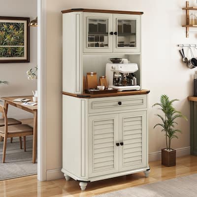 Moasis 67 Inch Farmhouse Kitchen Pantry Cabinet with Microwave Stand Charging Station and Ample Storage
