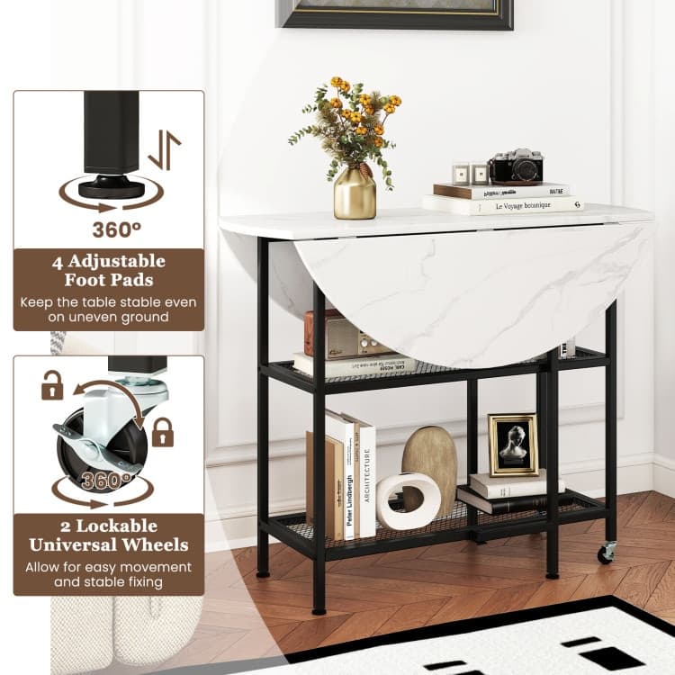 Foldable Round Dining Table with Storage Shelves for Small Spaces - 40" x 32"