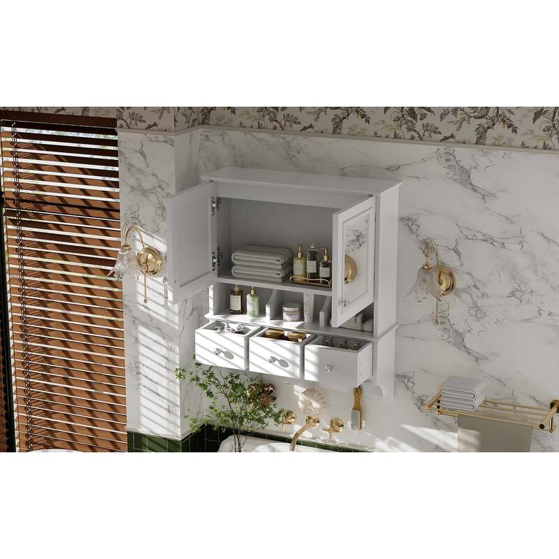 4-in-1 Bathroom Mirror Cabinet,24"Wall Mounted Medicine Cabinet with Drawers & Organizer Hooks,High-Define Mirrors with Storage