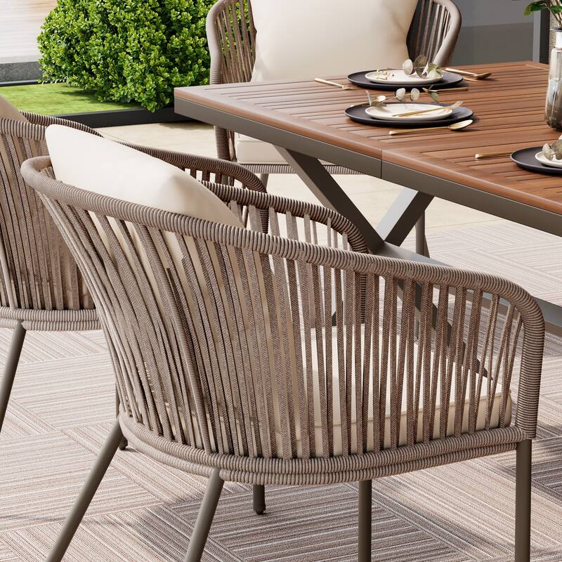 7 Pieces Patio Dining Set, Outdoor Furniture Set with Dining Table and 6 Chairs, Acacia Wood Table Top, Metal Frame Beige