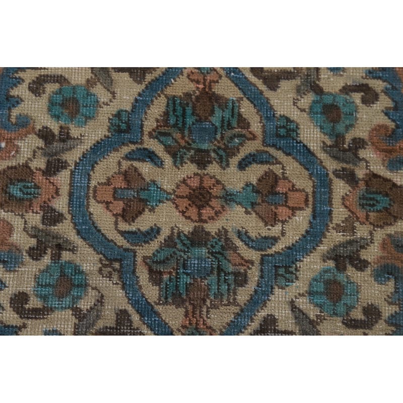 Distressed Beige Tabriz Vintage Persian Rug Hand-Knotted Wool Carpet - 7'10" x 10'11"