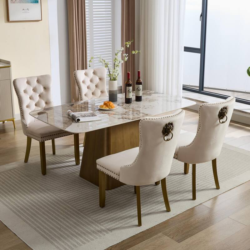 Velvet Dining Chairs Set of 2, Tufted Dining Chairs with Nailhead Trim, Kitchen Chairs with Lion Head Pulls Ring & Wooden Legs