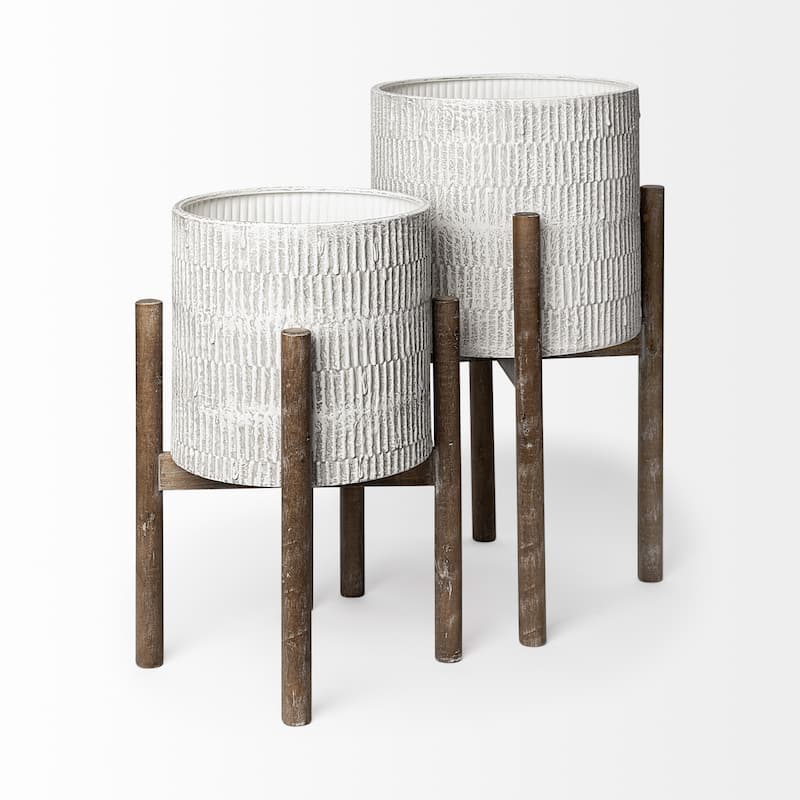 HomeRoots Set of Two Cream And Brown Ceramic And Wood Round Elevated Planters - 15.00 in. x 23.00 in. x 15.00 in.