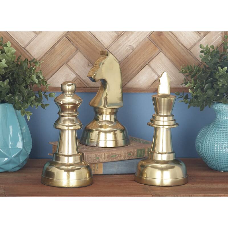 Aluminum Metal Chess Sculpture with Knight, Queen and King - Set of 3 Silver, Gold, Dark Gray - CosmoLiving by Cosmopolitan