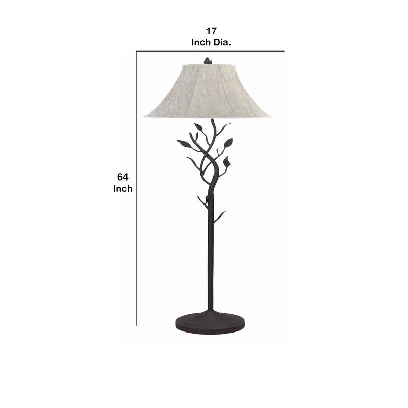 Metal Floor Lamp with Leaf Accent Body and Fabric Bell Shade,Black and Gray