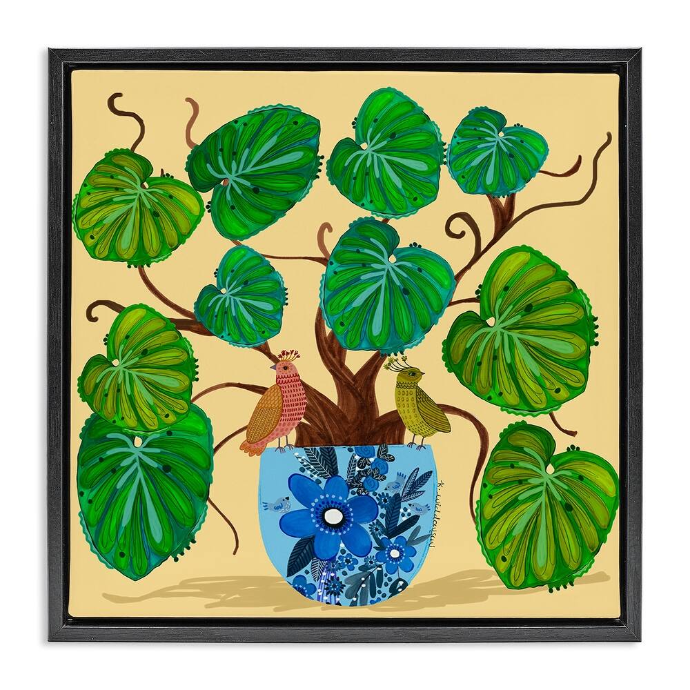 Stupell Potted Plant & Birds Perched Framed Floater Canvas Wall Art Design By Kay Widdowson