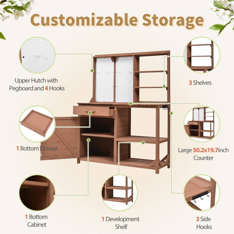 Fir Wood Potting Bench with Hutch, Garden Workstation for Planting, 4 Shelves & Adjustable Storage,with Hooks, 50.2''Countertop