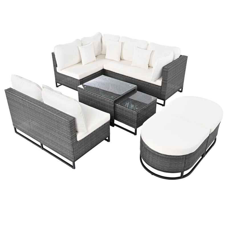 7-Piece Outdoor Wicker Sofa Set with Tempered Glass Coffee Table and Removable Cushions