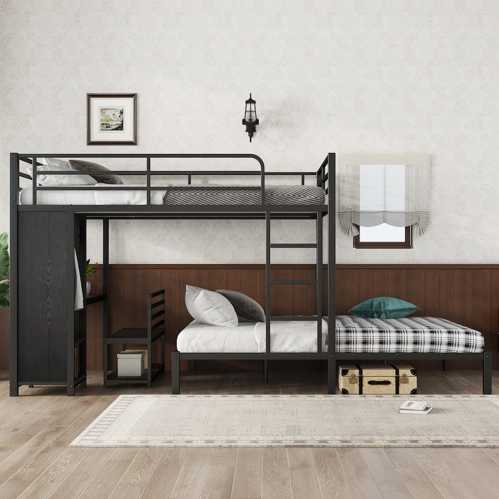 Heavy Duty Metal Queen Size Bunk Bed Frame with Built-in Wardrobe, Desk and Chairs