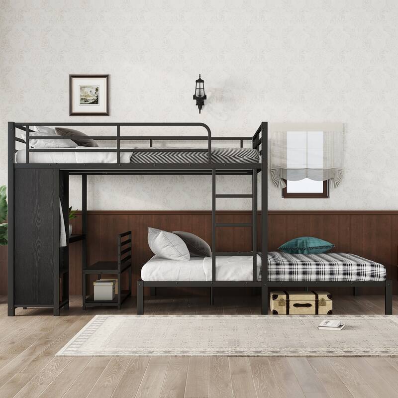 Roomfitters Queen over Queen Metal Bunk Bed with Built-in Wardrobe, Desk & Storage Chairs, Space-Saving Frame, Black