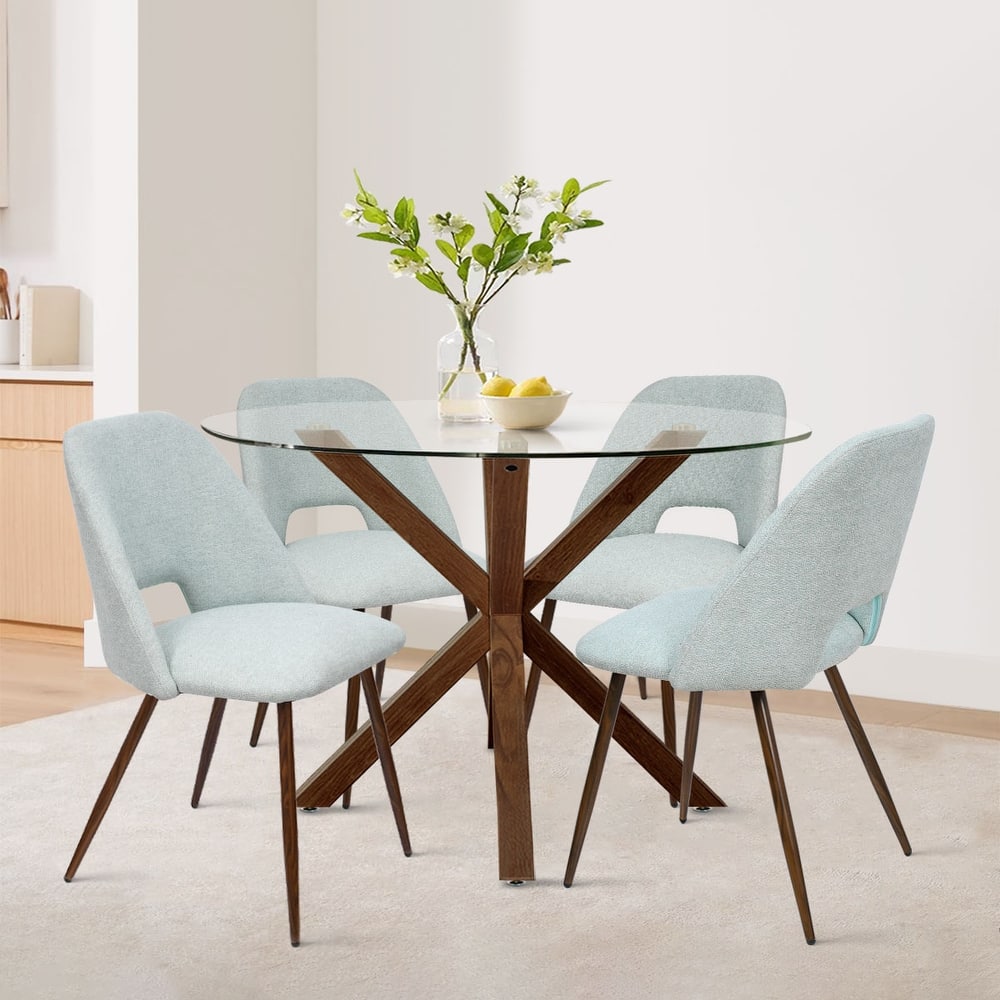 5 Piece Glass Walnut Dining Table Set