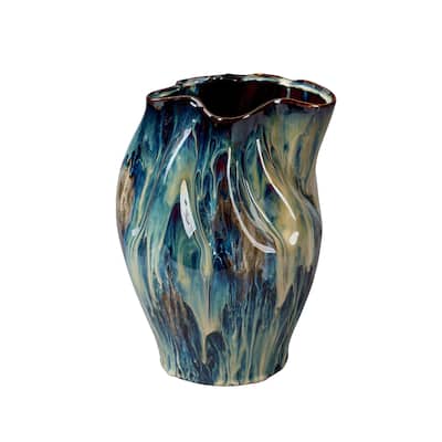 Fera Decorative Flower Vase, Ruffled Edge, 12 Inch Shiny Blue Ceramic