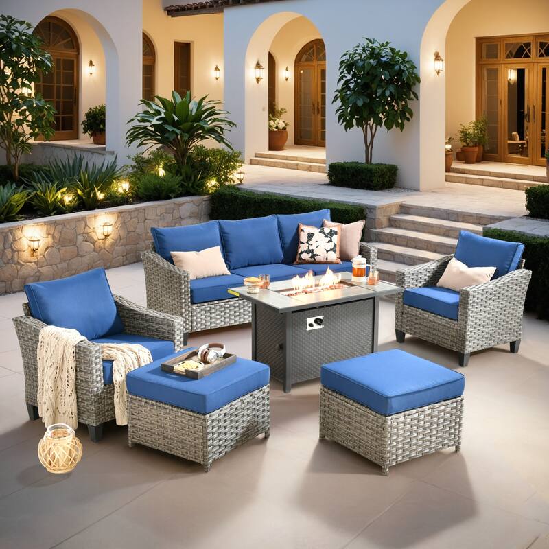 XIZZI Outdoor Patio Furniture Set with Fire Pit Table - Navy Blue - 6-Piece