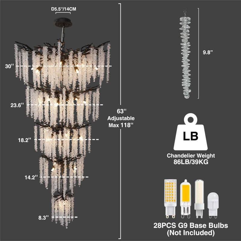 KAYLA 28-Lights Crystal Staircase Chandelier, Indoor Pendant Light, 118'' Modern High Ceiling Light, Height Adjustable - N/A