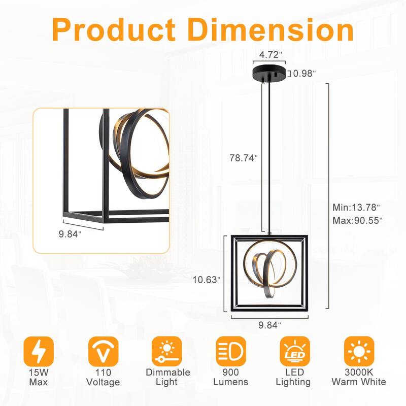 Modern Square LED Pendant Light Dimmable Adjustable Hanging Fixture - Dia.10-in