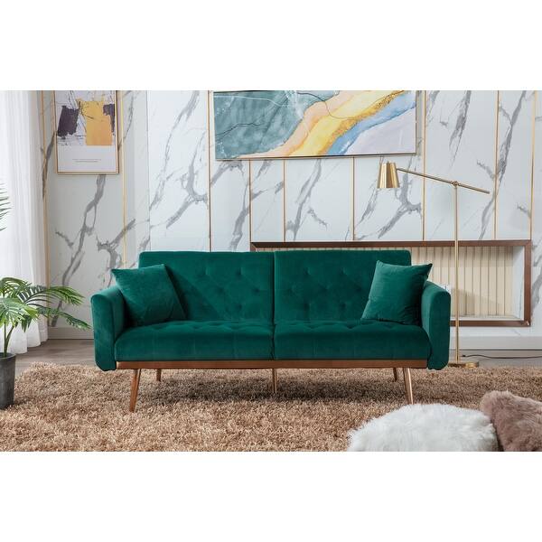 slide 1 of 9, Modern 2 Seater Manual Recline Sofabed Velvet Tufted Back&Seat Accent Loveseat with 2 Pillows and Rose Gold Metal Legs