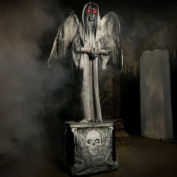 slide 2 of 20, Haunted Hill Farm Lifesize Animatronic Haunted Angel Statue with Lights and Sound, Indoor/Covered Outdoor Halloween Decoration