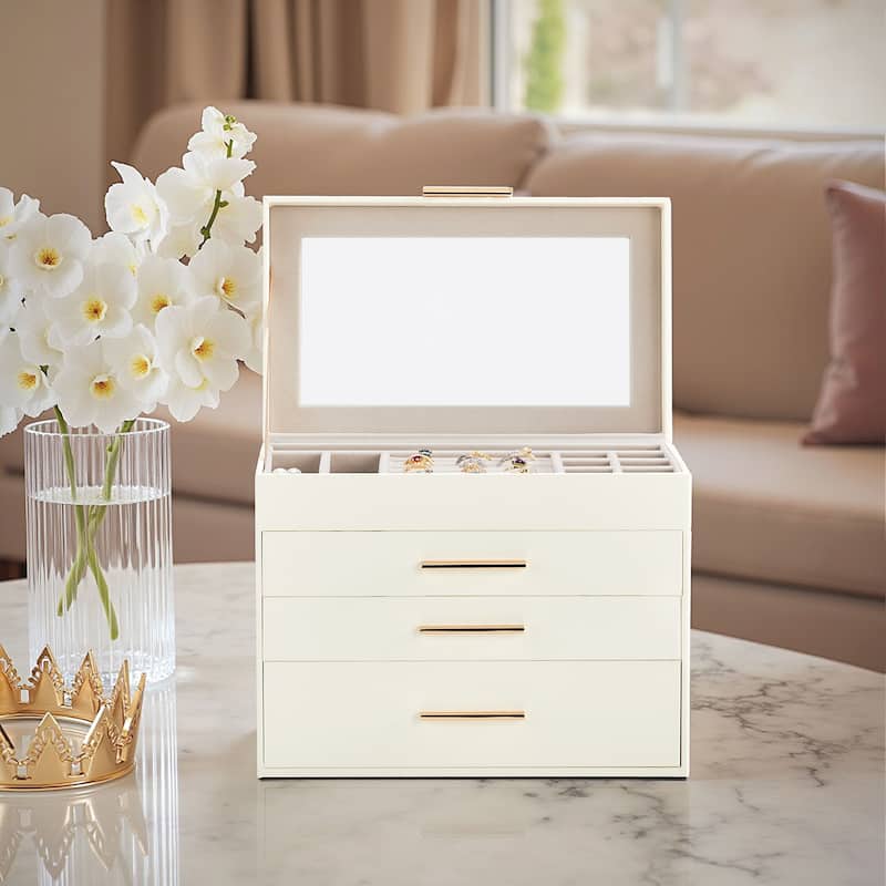 White-Pink Wood Jewelry Box with Velvet Lining and Clear Acrylic Top - 9.9” W x 6” D x 8.5” H