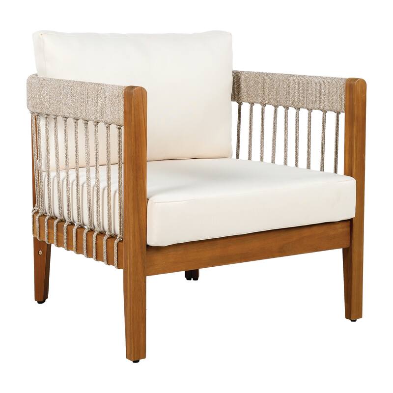 Acacia Wood Club Chair with Handwoven Rope Accents&Curved Backrest-Water-Resistant Patio Lounge Chair with Removable Cushions