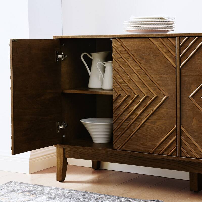 60.5" Farmhouse Fluted Sideboard – Mid-Century Modern TV Stand with Geometric Design & Adjustable Shelves for Living Room.