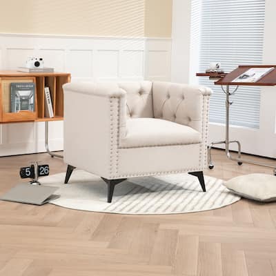 Velvet Upholstered Tufted Nailhead Living Room Accent Chair With Spindly Legs