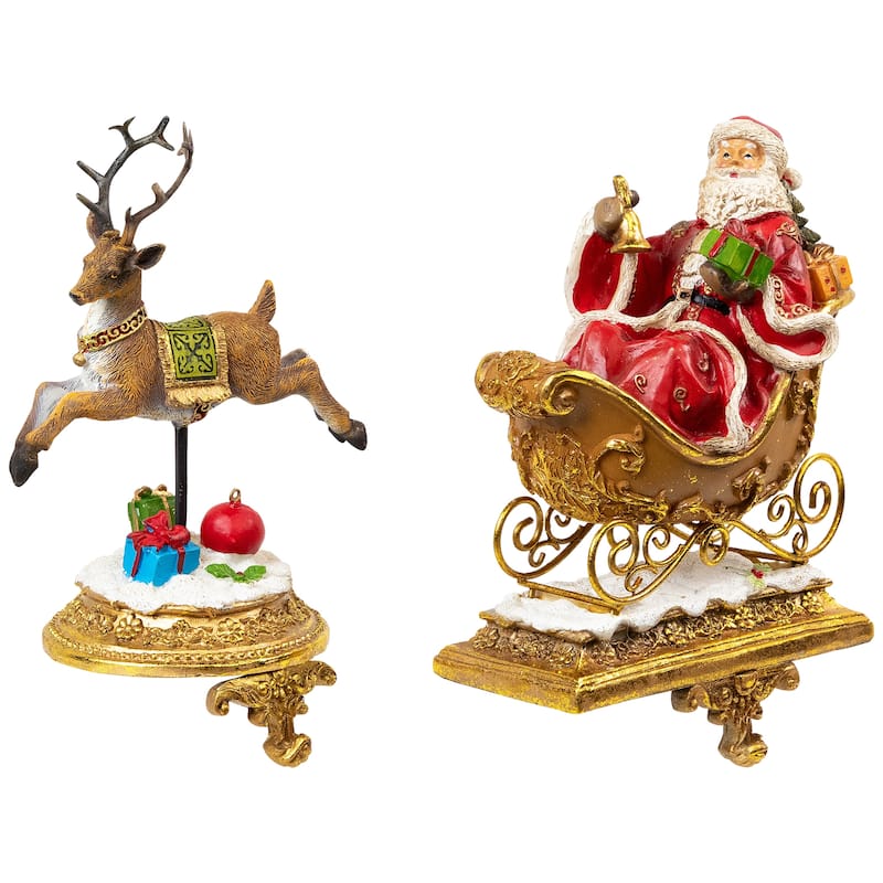 Set of 2 Gold Santa Reindeer Glittered Christmas Stocking Holders 9.5"