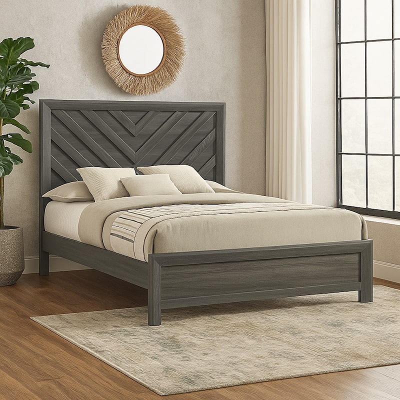 Velz King Size Bed w Chevron Patterned Headboard, Dark Gray Wood