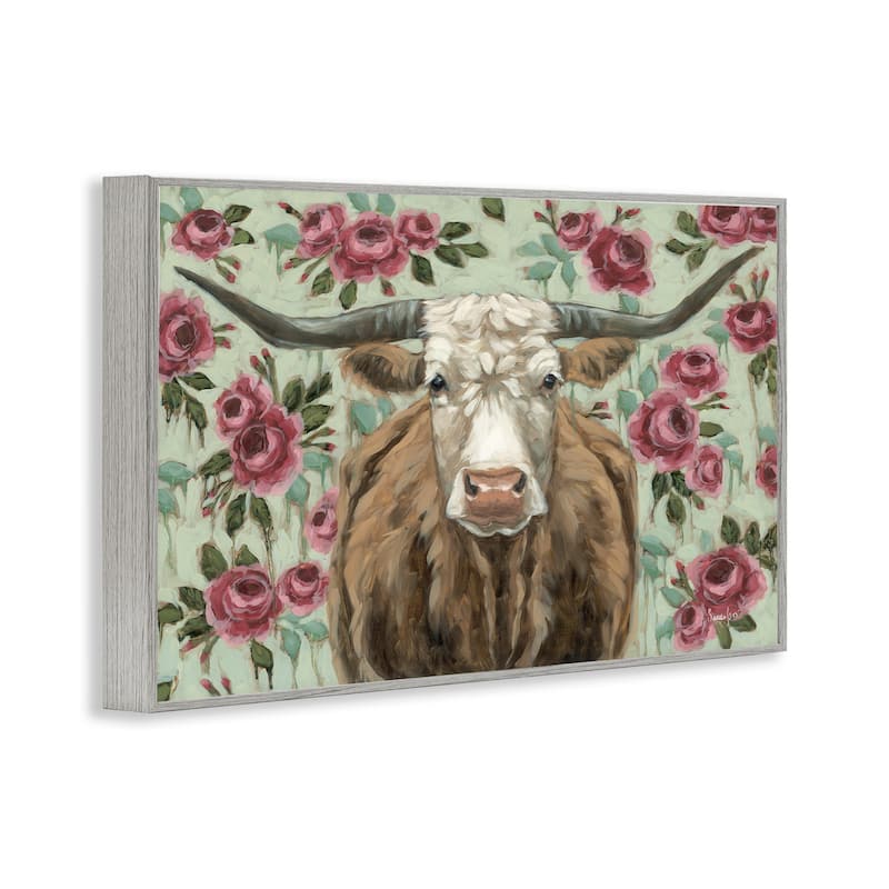 Stupell Longhorn with Magenta Blooms Framed Giclee Art Design By Sara G. Designs