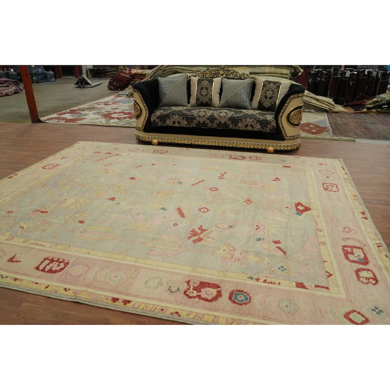 Vegetable Dye Wool Oushak Turkish Area Rug, Floral Geometric Carpet - 12' 6'' X 10' 2''