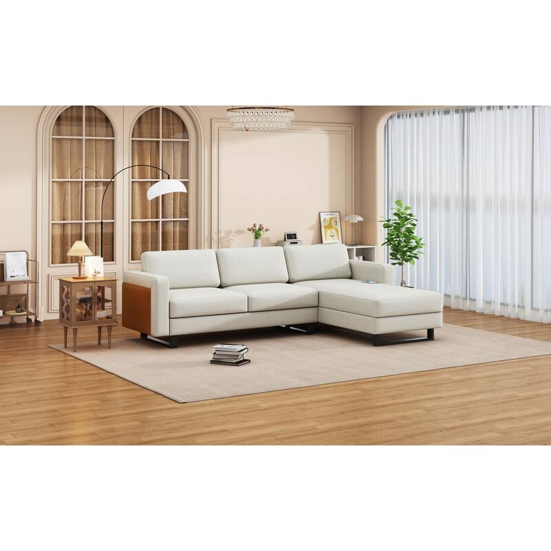 White 100'' L-Shaped 3-Seat Sectional Sofa Featuring USB Ports, Chaise, and Reversible Armrests for Living Space or Office