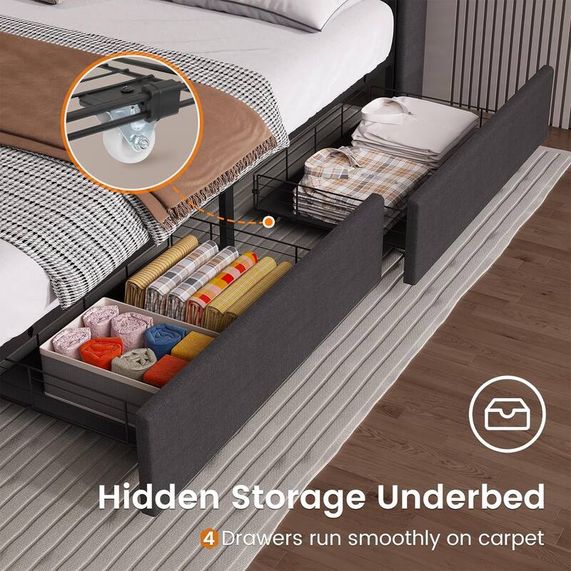 Bed Frame LED Lights Headboard & USB-C/A Charging Station 4 Drawers