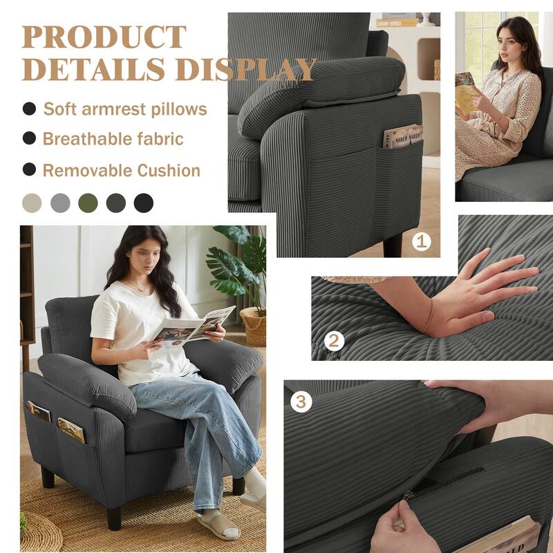 79.72" Corduroy 3 Pieces Living Room Sets Including Sectional Sofa with Storage Ottoman & Side Pockets & Armchair Set