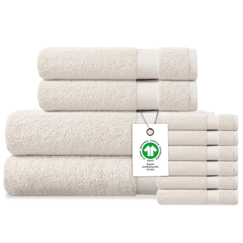 Delara Organic Cotton Luxuriously Plush Bath Towel 10 Piece Set | GOTS & OEKO-TEX Certified | 650 GSM Long Staple - Ivory
