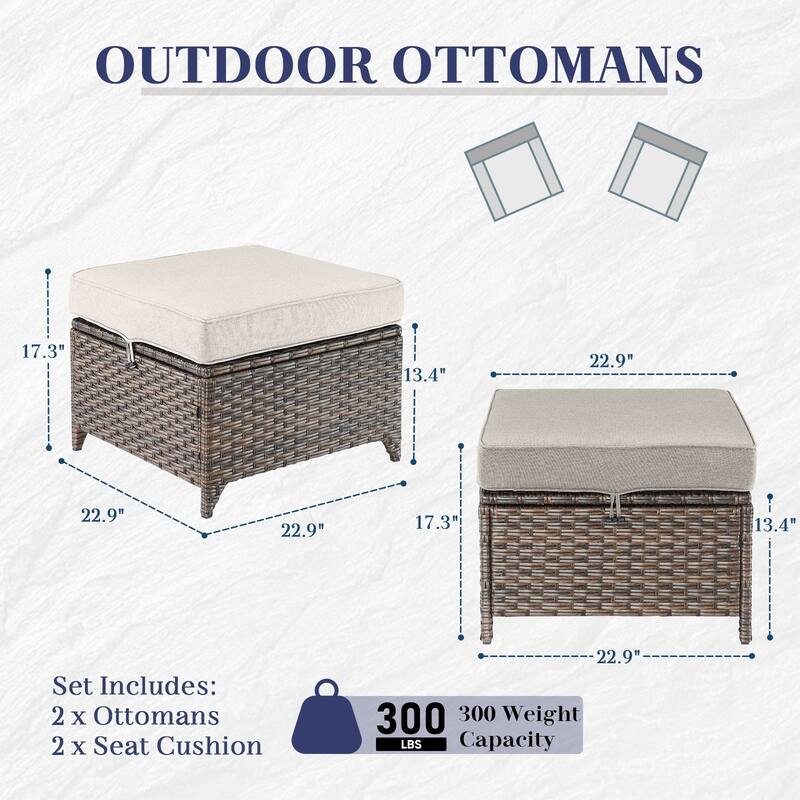 Gymojoy 2 Pieces Patio Rattan Ottomans, All Weather Outdoor Footstool