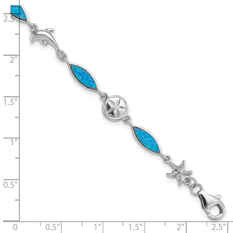 Curata 20mm 925 Sterling Silver Rhodium Plated Blue Inlay Simulated Opal Sea Life Bracelet 7 Inch