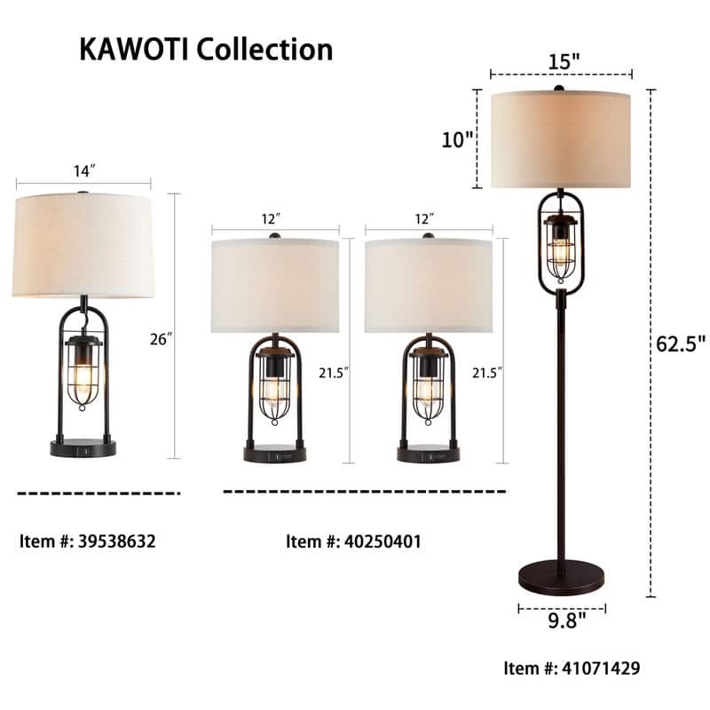 KAWOTI 21.5 inch Table Lamp Set with Night Light and USB Ports, Bulbs