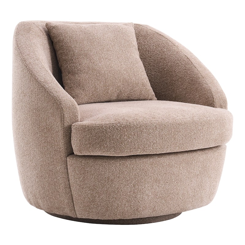 Round Barrel Accent Chair Modern Fabric Swivel Boucle Armchair - Brown