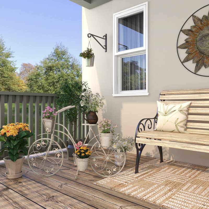 Gray Metal Distressed Indoor Outdoor Scroll 3 Tier Bike Indoor Outdoor Plantstand with Fleur De Lis Wheels