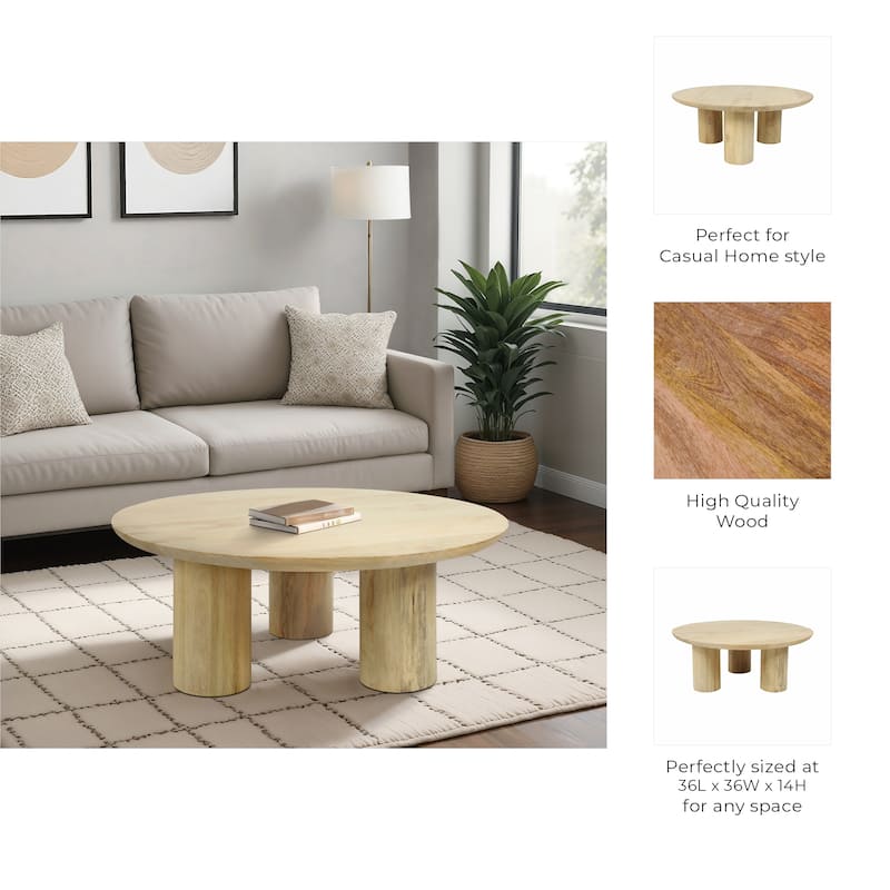 Round Natural Wood Coffee Table Modern Design Solid Cylindrical Legs
