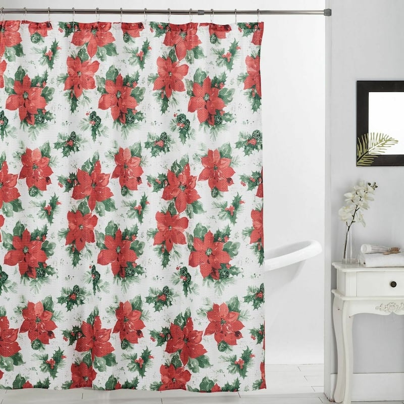 13 PC Christmas Shower Curtain Set with Metal Roller Hooks Dobby Printed Holiday Bathoom Décor - Poinsettia Holly