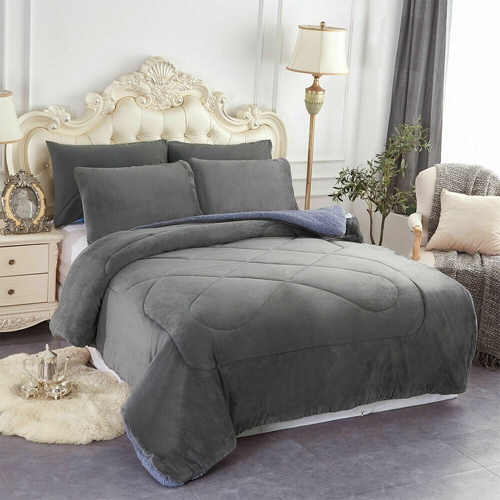 3 Pieces Comforter Set Blanket Thick Warm Soft Bedding Queen Grey 75 x 83