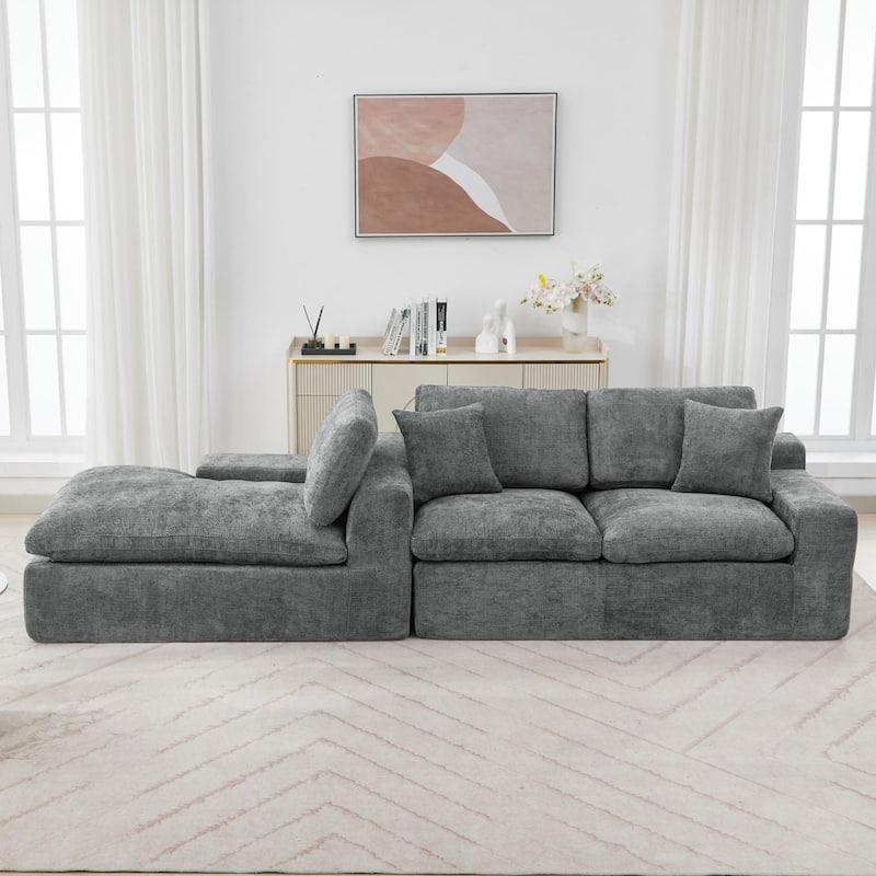 107.9" Grey Upholstered Sectional Sofa, Double-layer Cushions, Side Pockets & Throws, Free-combined for Living Room