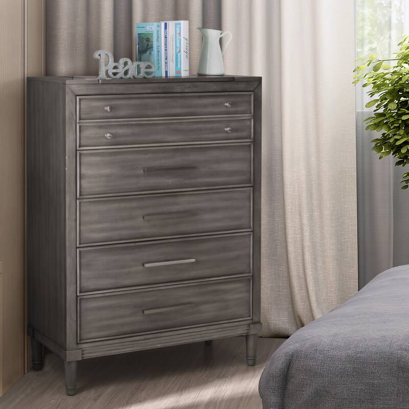 Hax Transitional Grey Solid Wood 5-Drawer Chest with Flip-top Jewelry Case by Furniture of America - Grey
