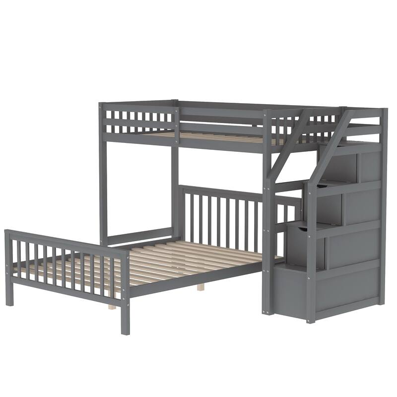 Twin Over Full Loft Bed with Staircase and Storage, Space-Saving Design