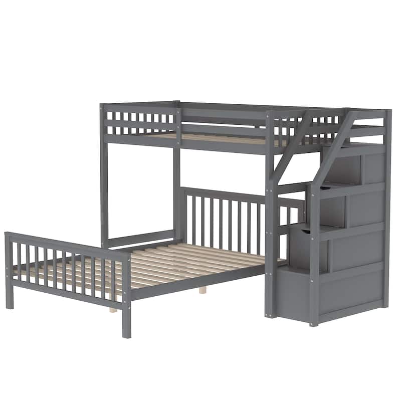 Twin over Full Loft Bed with Staircase,Gray