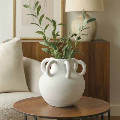 Ripo Decorative Vase, Curved Flange Details, 11 Inch White Resin