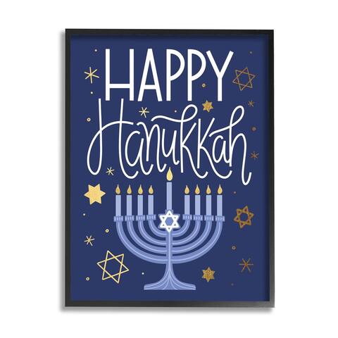 Stupell Industries Happy Hanukkah Blue Menorah Pattern Framed Giclee Art by Taylor Shannon Designs